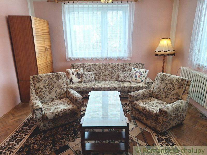 Living room and family house with carpet, antique furniture, and vintage lamp.