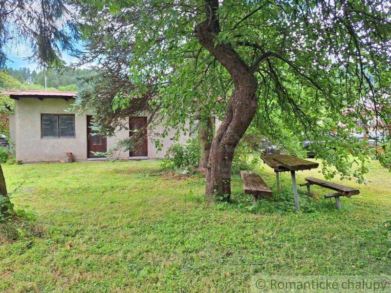A small cottage with garden seating, surrounded by greenery, ideal for plots - living.