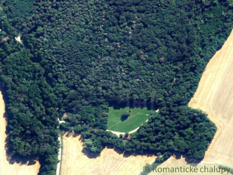 An aerial view of a dense forest surrounded by fields, ideal for recreational properties.
