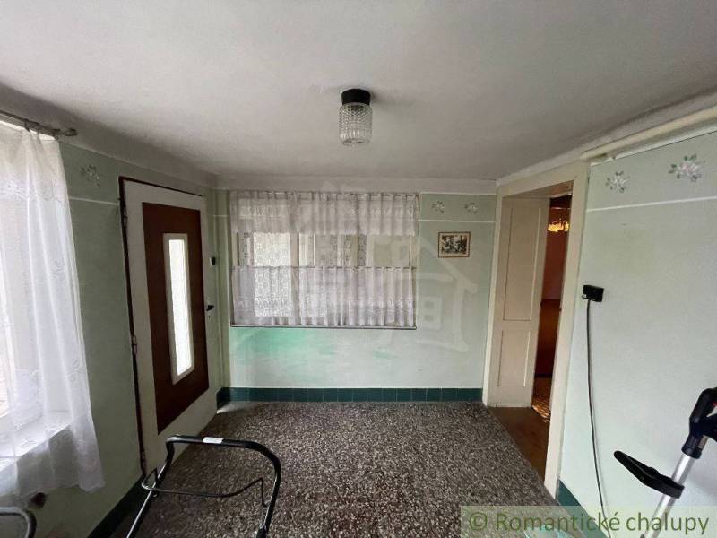 The interior of the hallway has light walls, a carpet, doors, and a window with a sheer curtain. Family house.
