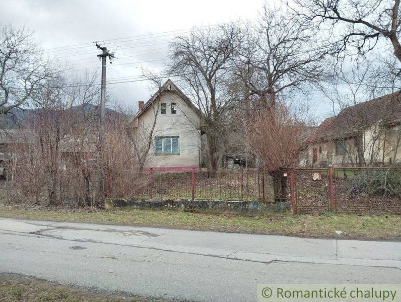 A family house surrounded by trees and bushes, a fence, a street, and a cloudy sky.