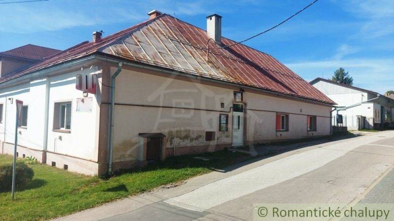 A family house by the road with a sloped roof and a garden in a village location.