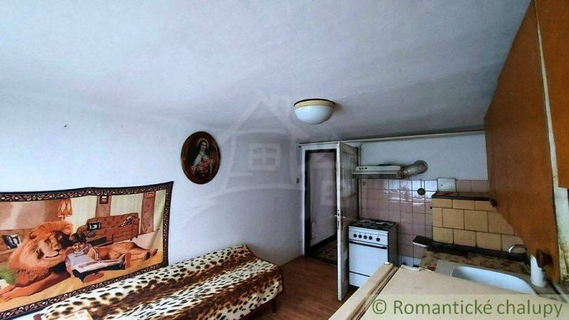 Interior of a family house with a bed, a painting, and a kitchenette; home design.