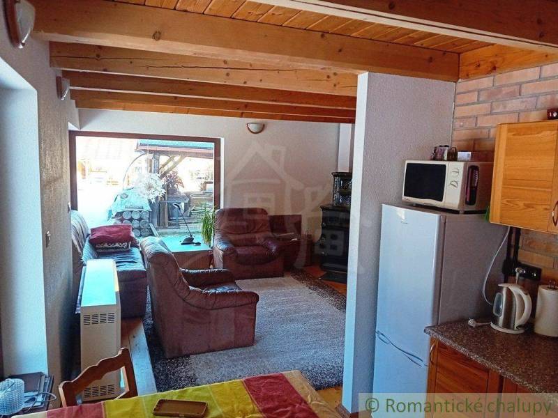 The interior of a cabin with a wooden ceiling, a comfortable sofa, and a kitchenette.