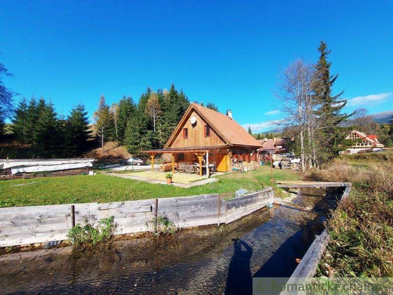 A cottage surrounded by nature with a stream in the foreground, rich forests provide a peaceful retreat.