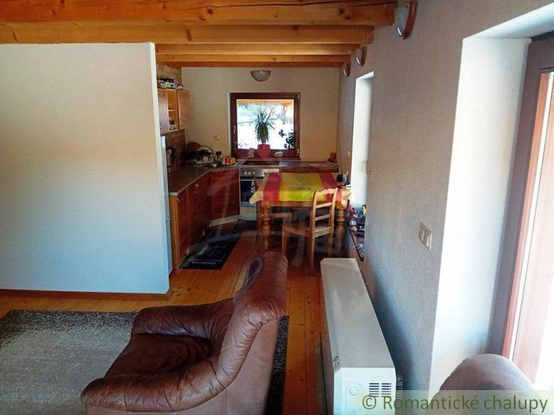 We see the interior of a cabin with a wooden ceiling, a kitchen, and comfortable furniture.