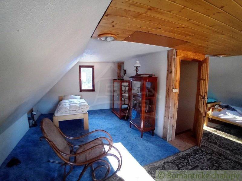 The interior of a cottage with wooden paneling, a bed, a display cabinet, and armchairs on a blue carpet.