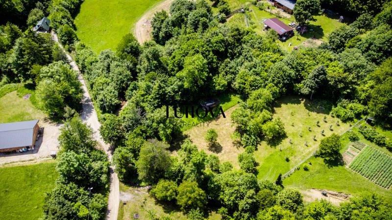 Aerial view of green recreational plots in Zbore, Dohňany surrounded by nature.