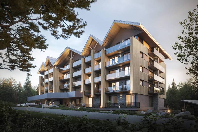 Recreational apartment in Štôla with views, balconies, and trees captured in the exteriors.
