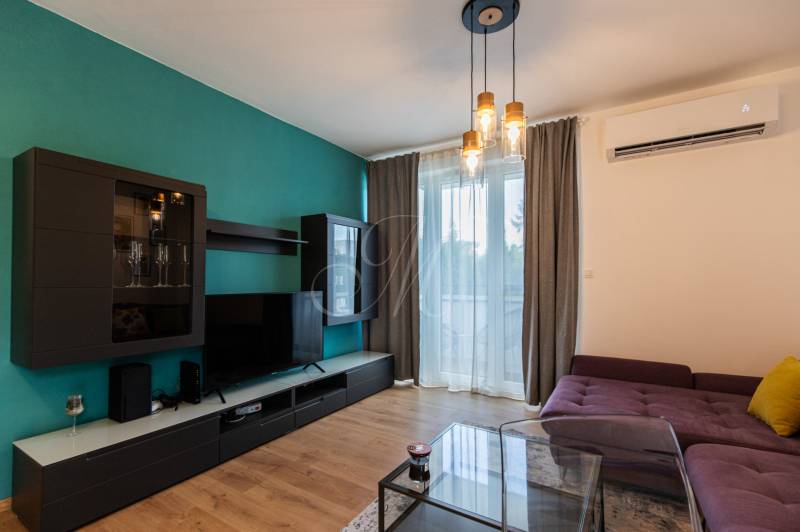 Living room in a 3-room apartment with a TV, sofa, and green wall.