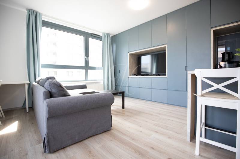 Bright living room with a sofa, television, and kitchenette in a 2-room apartment.