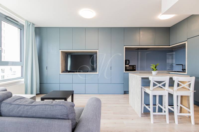 Living room and kitchen in a 2-room apartment, with blue cabinets and light furniture.
