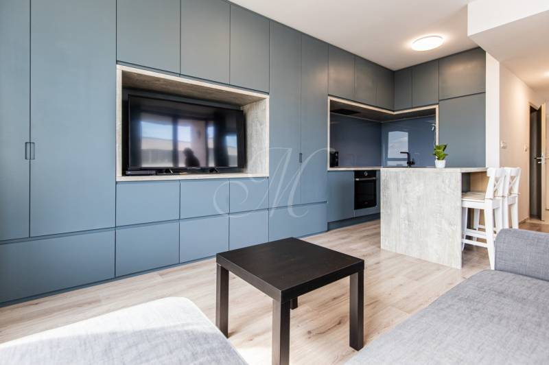 Living room with a blue built-in wardrobe and a kitchenette in a 2-room apartment.
