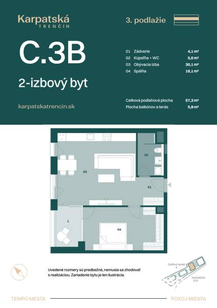 Floor plan of a 2-room apartment on Karpatská in Trenčín with a total area of 57.3 m².