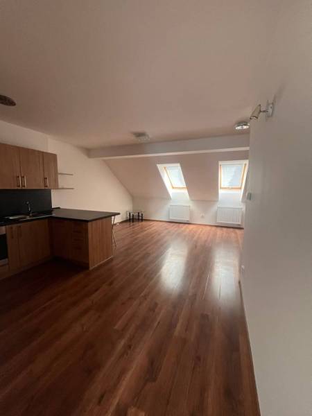 Attic space of a 3-room apartment with wooden flooring and a kitchen unit.