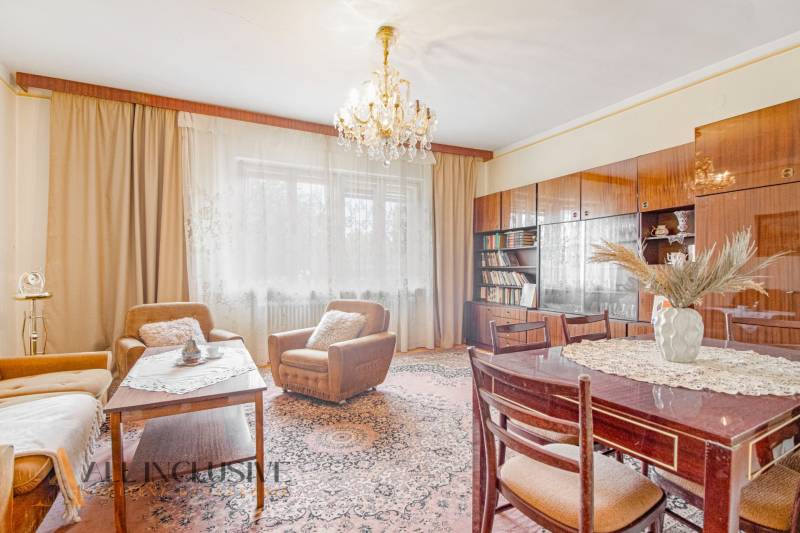 Living room of a family house with a chandelier, carpet, and wooden furniture, cozy atmosphere.