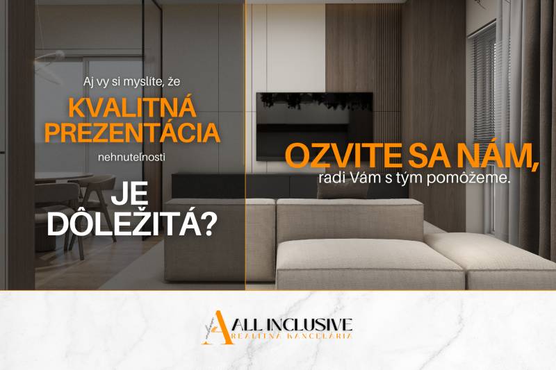 The image promotes a high-quality real estate presentation, featuring an interior on Vlčie Hrdlo street.