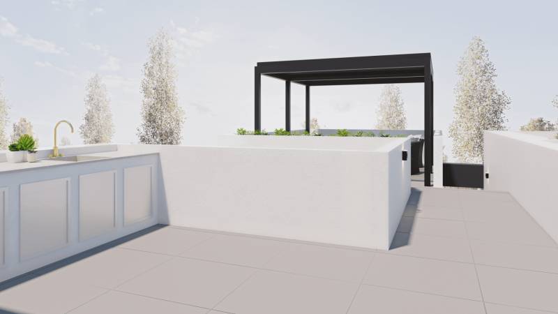 Rooftop terrace in a family house in San Pedro del Pinatar with an outdoor kitchen and pergola.