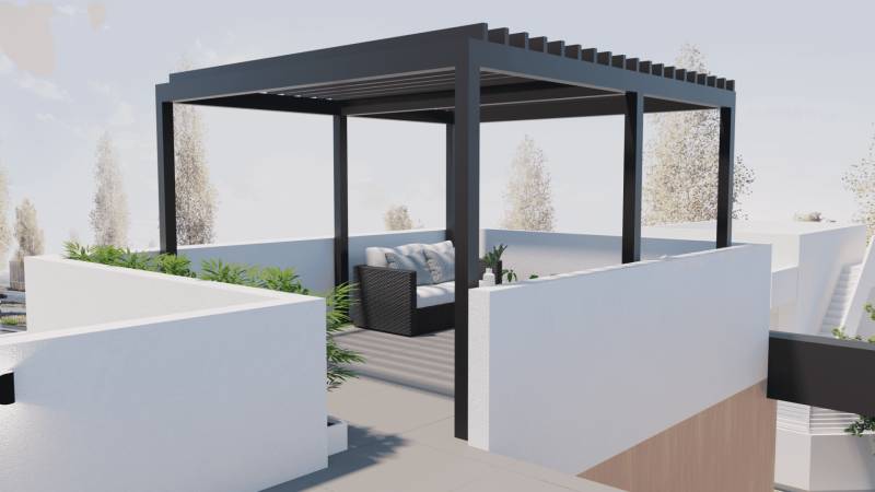 A pergola on the terrace of a family house in San Pedro del Pinatar with plants and comfortable seating.