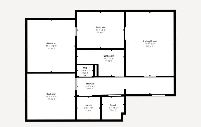 Floor plan of a 3-bedroom apartment with a living room, three bedrooms, a bathroom, a toilet, and two closets.