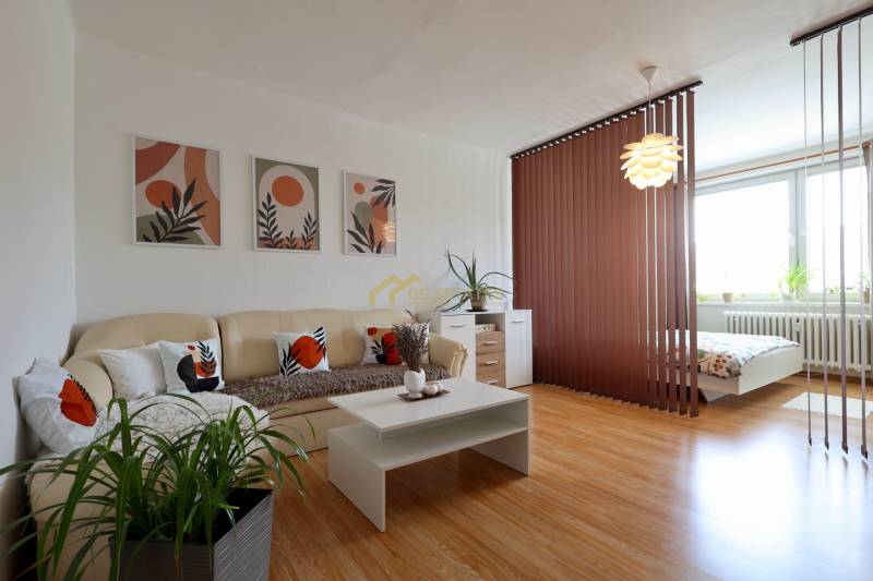 Living room with a sofa, table, and placement of a painting in a 2-room apartment.