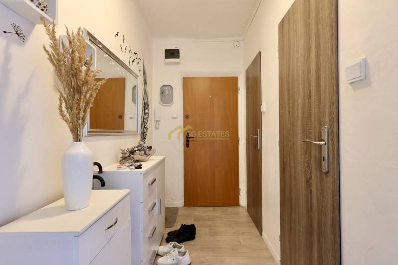 Hallway in a 2-room apartment with wooden doors, a white cabinet, and a mirror.