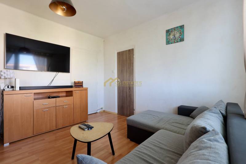 Living room with a sofa and a television in a 2-room apartment.