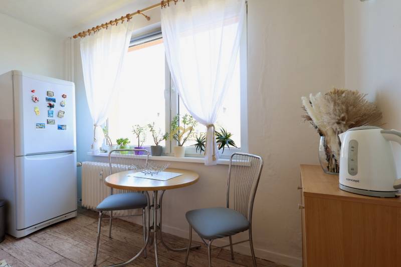 Kitchen in a 2-room apartment with a window, table, chairs, and plants.