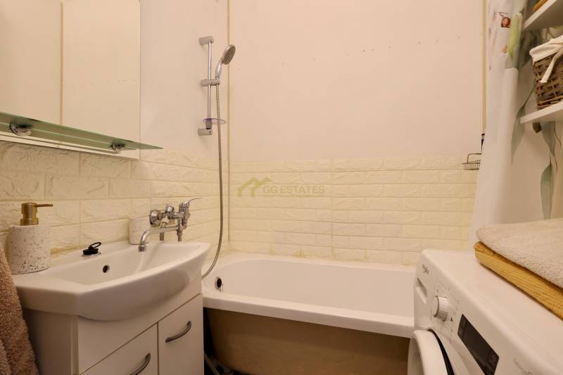 Bathroom in a 2-room apartment with a shower, sink, and washing machine.