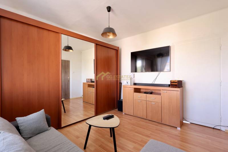 Living room of a two-room apartment with a wooden cabinet, TV, and sofa.