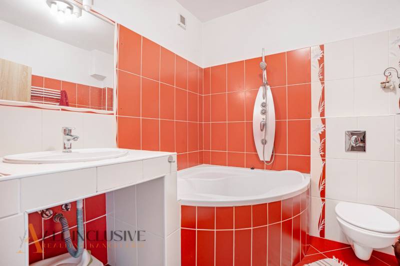 A bathroom in a family house with a shower and red tiles.