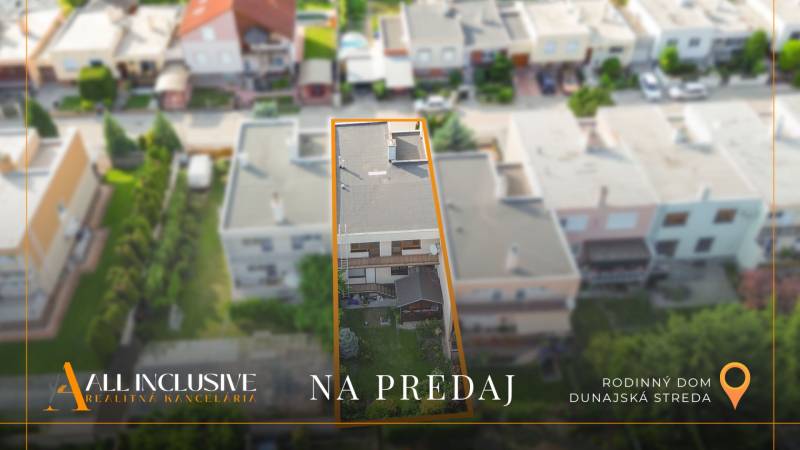 Aerial view of a family house in Dunajská Streda with marked property boundaries.