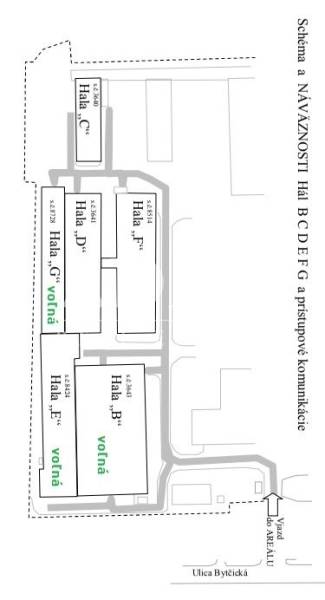 Map of production facilities on Bytčická Road in Žilina, designation of halls and access roads.