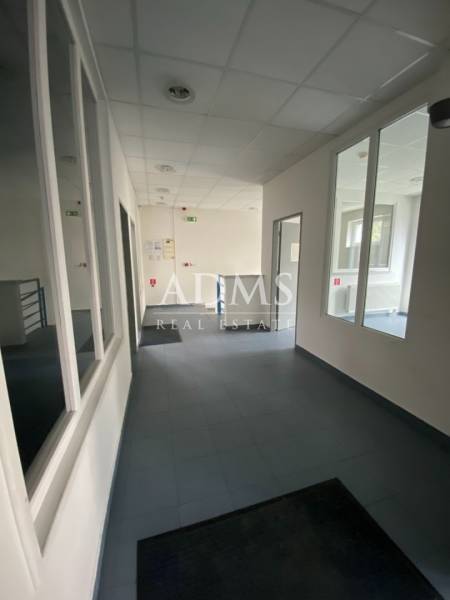 Office corridors with light walls and carpets in warehouses and halls.