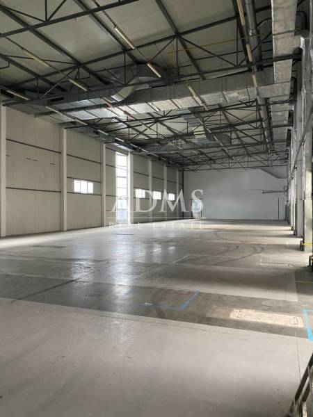 A wide interior of a warehouse and halls with a high ceiling and industrial lighting.