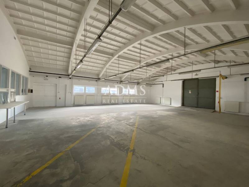 An empty hall with yellow markings and windows in Warehouses and Halls.