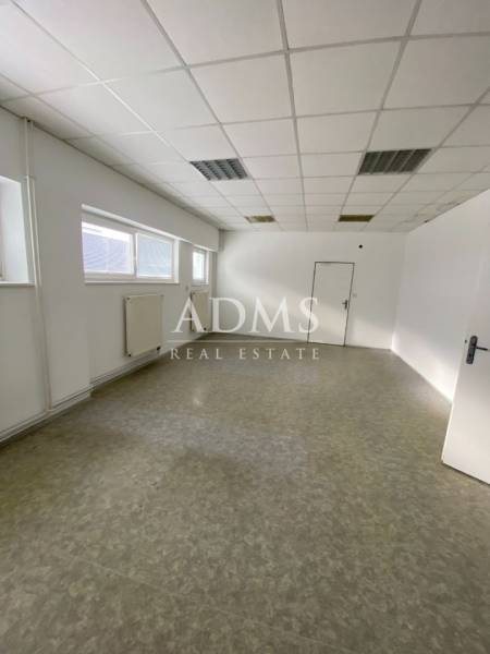 White interior with ceiling panels and radiators in warehouse and hall spaces.