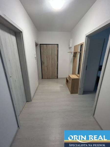 A hallway in a 2-room apartment with wooden doors and storage furniture.