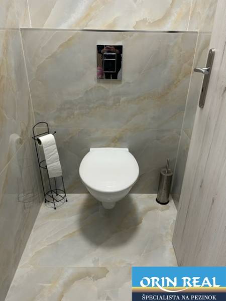 A toilet in a 2-room apartment with a toilet paper holder and a flushing system.