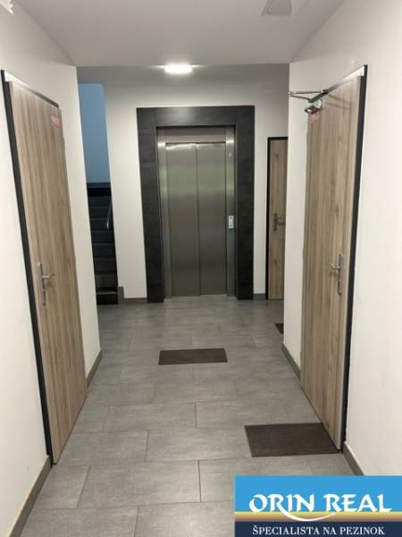 Hallway with two doors and an elevator in the building, possibly a 2-room apartment.
