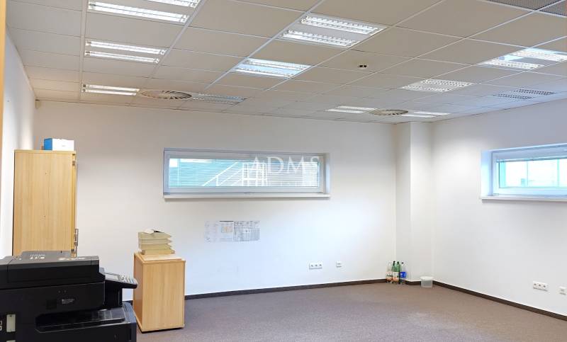 Offices with white walls, a cabinet, a printer, and windows.