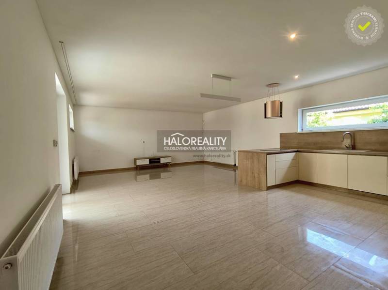 Open kitchen with living room, family house with modern elements and large windows.