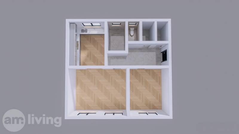 Floor plan with wooden flooring and separate rooms in a family house.