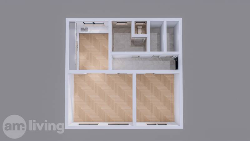 Floor plan of a family house with two rooms and a bathroom, light wooden floors.