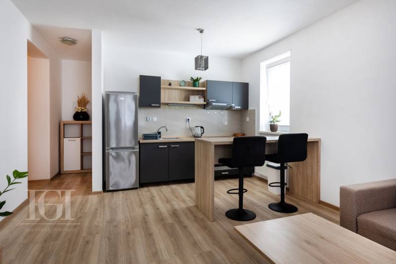 A kitchen in a 2-room apartment with a dining counter and modern equipment.