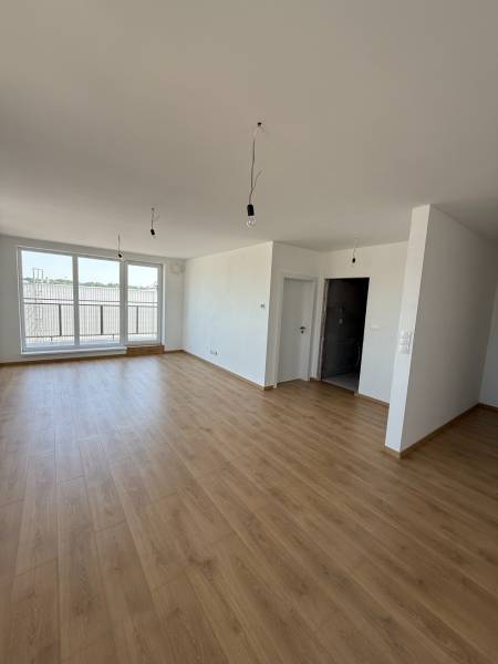 Spacious room with wooden floor and large windows in a 2-room apartment.