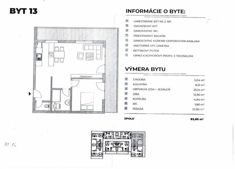 Floor plan of a 2-room apartment with a terrace, kitchen, and spacious living room.