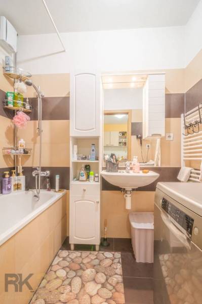 A bathroom in a 3-room apartment with a wooden floor, a sink, and a washing machine.