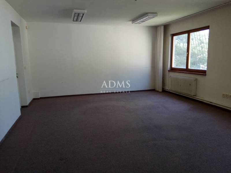 An empty office with a carpeted floor and a large window in the manufacturing area.