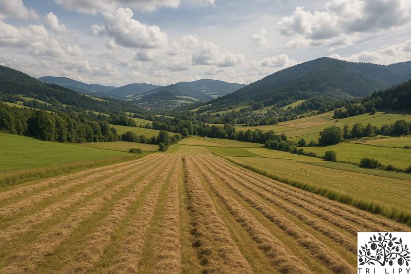 A summer view of agricultural and forest lands in Oščadnica with a mountainous backdrop.